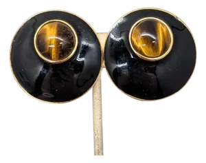 Vintage Signed Alexis Kirk Round Goldtone Black Enamel & Cabochon Faux-Tiger's Eye Clip Earrings-2 Pieces