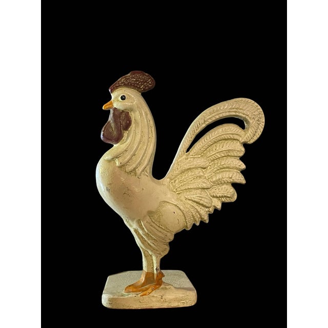 Rustic Early 1900's Cast Iron Rooster Door Stop With Original Paint and Rubber Bottom, Fully Intact For Sale - Image 3 of 6