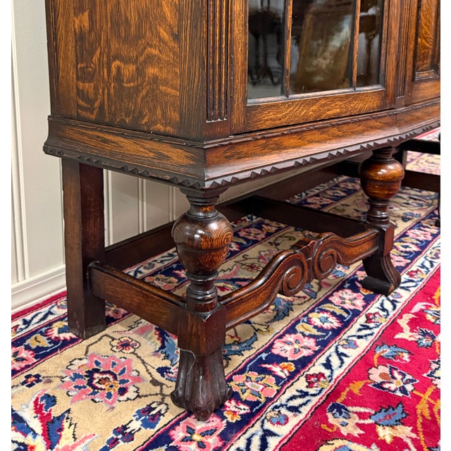 Antique English Jacobean Bookcase Bow Front Cabinet Triple Door Oak C1930s For Sale - Image 12 of 18