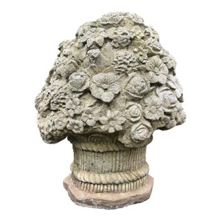 Cast Stone Flower Basket Sculpture Garden Ornament Mid 20th Century For Sale