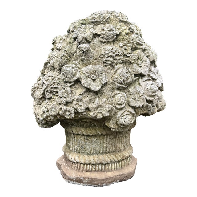 Cast Stone Flower Basket Sculpture Garden Ornament Mid 20th Century For Sale