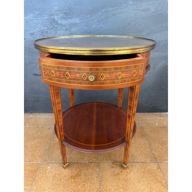French Louis XVI Style Round Side Table with Marquetry and Drawer, 1930s For Sale - Image 6 of 13