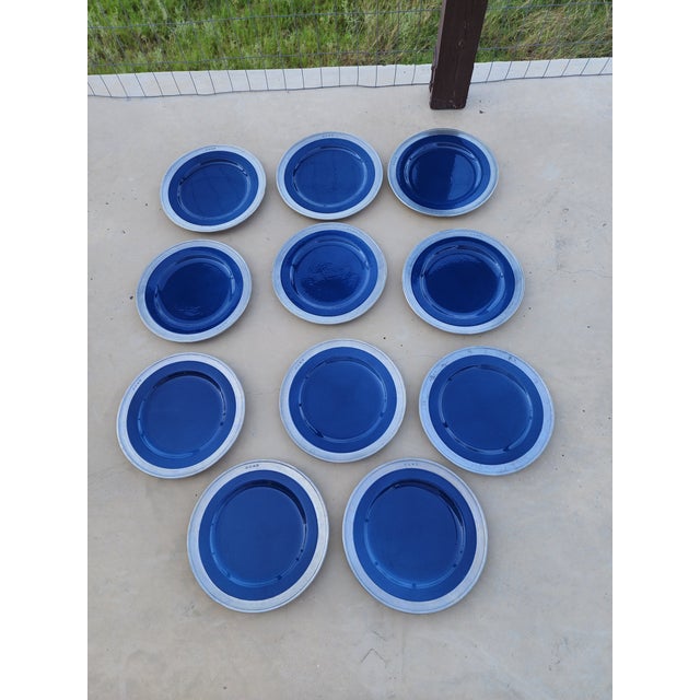 Match Pewter Rimmed Blue Plates 11 For Sale - Image 4 of 6