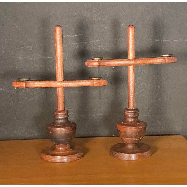 Vintage Mid-Century Modern Scandinavian Adjustable Wooden Candle Holders Brass Inserts- A Pair For Sale - Image 4 of 12