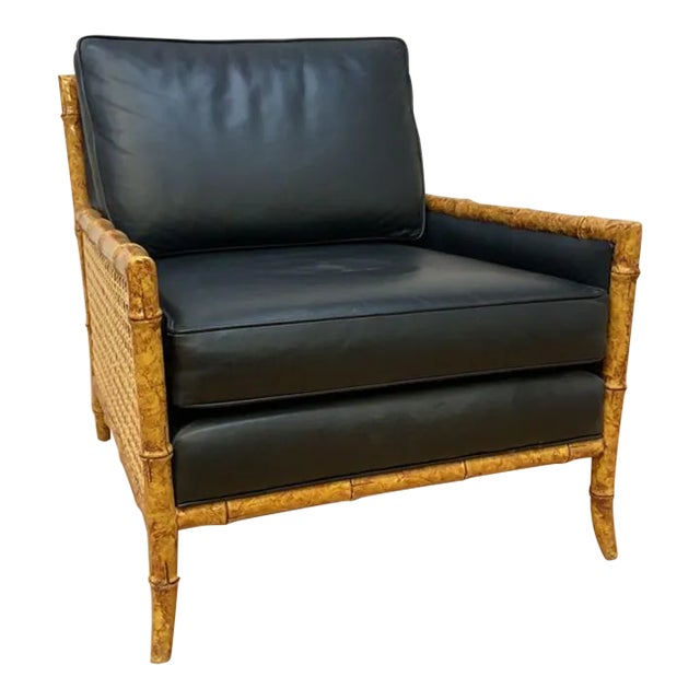 Vintage Interior Crafts Cane, Faux Bamboo and Black Leather Lounge Chair For Sale