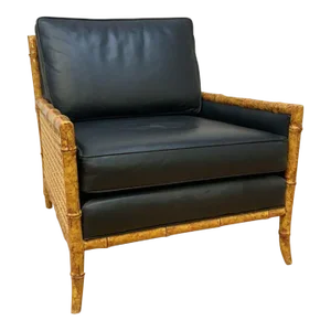 Vintage Interior Crafts Cane, Faux Bamboo and Black Leather Lounge Chair