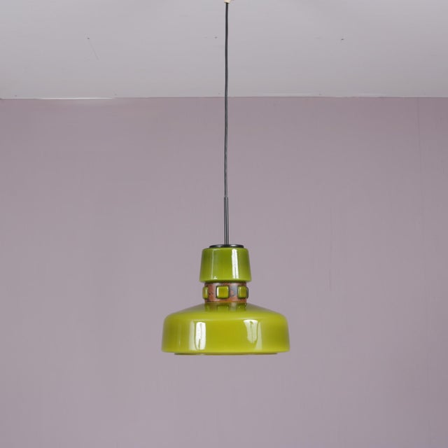 Mid-Century Modern Green Glass Hanging Lamp with Copper Details by Victor Berndt for Flygsfors, Sweden, 1970s For Sale - Image 3 of 8