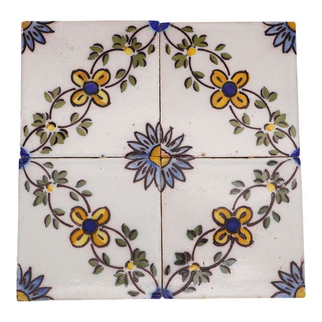 19th Century Set of Four Floral Tiles, Portuguese Baroque For Sale