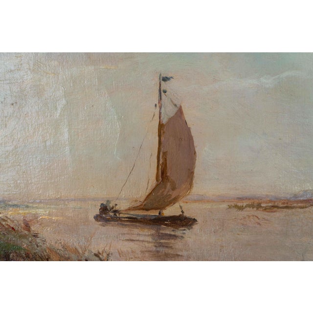 Large Dutch Hague School Windmill Landscape Oil Painting with Polder Lake & Sailboat by Victor Bauffe, Circa 1900, Framed For Sale - Image 6 of 18