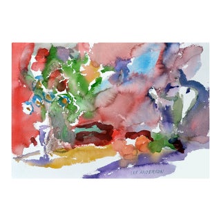 Red Flowers Abstract Still Life Watercolor on Paper, Signed, 1980s by Les Anderson For Sale