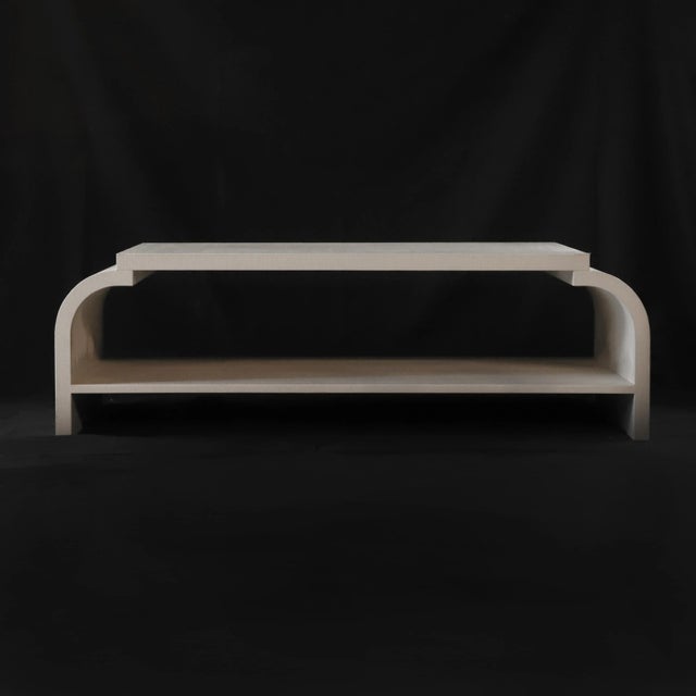 Vintage Raffia Covered White Cocktail Table. The white raffia square coffee table made of textured painted grass is ideal...