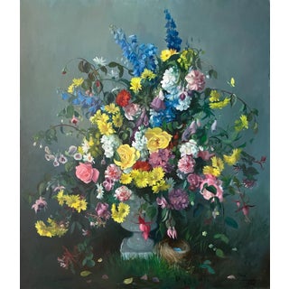 1960s Paul Longenecker Floral Still Life in an Urn with Bird's Nest Painting For Sale