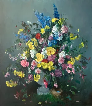 1960s Paul Longenecker Floral Still Life in an Urn with Bird's Nest Painting
