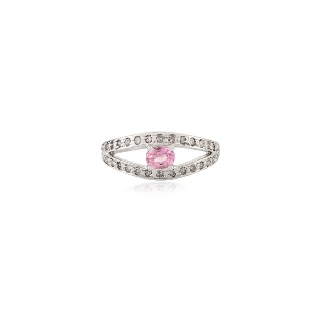 Art Deco Delicate 0.5 Ct Pink Sapphire & Diamond Split Shank Promise Ring in 925 Silver - Size 8.5 For Sale - Image 3 of 10