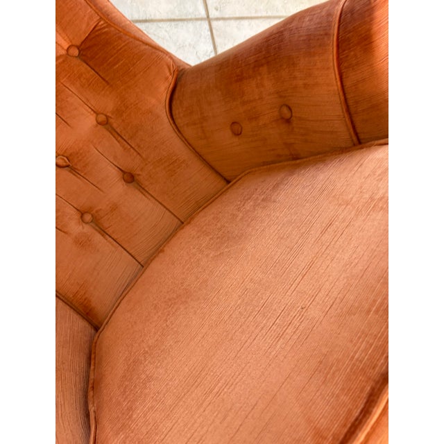 Vintage Salmon Pink Tufted Skirted Corded Velvet Swivel Club Chairs - A Pair For Sale - Image 9 of 17