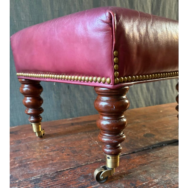 Hickory Chair Co. Leather Ottoman or Stool With Casters For Sale In San Francisco - Image 6 of 9