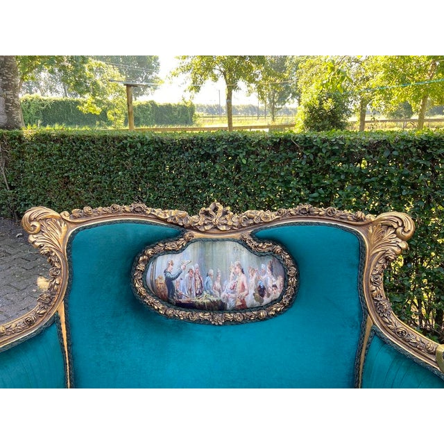 1980 French Artisan Louis XVI Gold Green Velvet Settee For Sale - Image 4 of 12