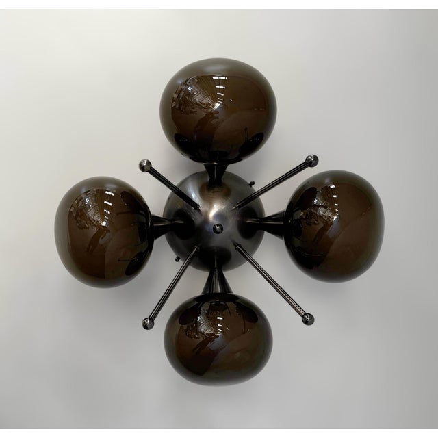 Italian flush mount with 4 frosted smoky pebble shaped Murano glass shades mounted on solid brass frame in satin black...