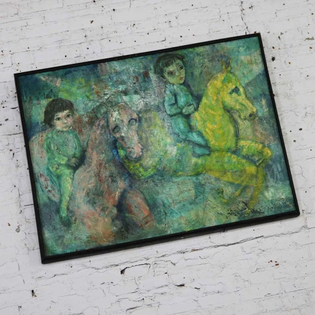 Incredible impressionist style painting on hardboard of children on horseback signed Brooks Woollcott (now Powell). It is...