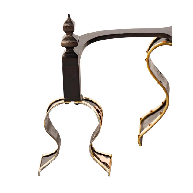 Brass Arts & Crafts Brass, Iron and Copper Andirons - A Pair For Sale - Image 8 of 13