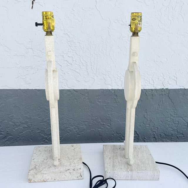 Late 20th Century Mid Century Modern Sculptural Lamps on Travertine - A Pair For Sale - Image 5 of 7