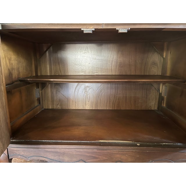 French Provincial Style Buffet Sideboard — Carved Door Panels, Ornate Brass Pulls, Silverware Drawer For Sale - Image 13 of 15