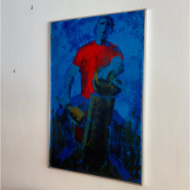 This mid-century modern figurative expressionist oil painting features a powerful, heavily textured composition dominated...