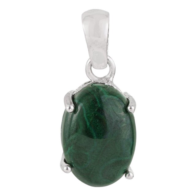 Modernist 10.74 Ct Malachite Cabochon Solitaire Pendant in 925 Sterling Silver For Sale