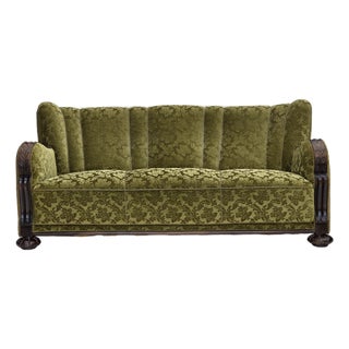 Vintage Danish Three-Seater Sofa in Furniture Velour and Carved Oak, 1950s For Sale