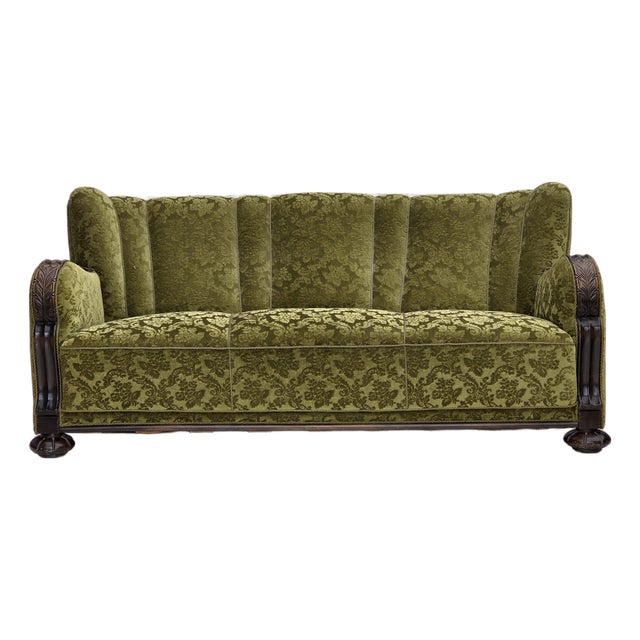 Vintage Danish Three-Seater Sofa in Furniture Velour and Carved Oak, 1950s For Sale