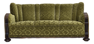 Vintage Danish Three-Seater Sofa in Furniture Velour and Carved Oak, 1950s