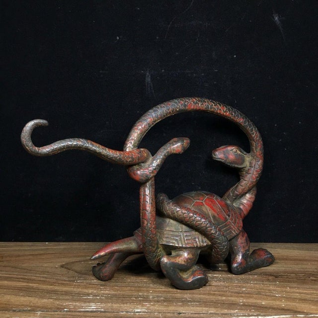Bronze Antique Bronze Dark Warrior Turtle & Snake Sculpture – 10.6" Xuanwu Mythical Beast For Sale - Image 8 of 9