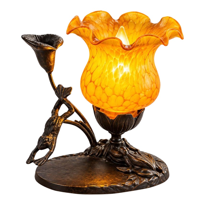 Vintage Art Nouveau Style Bronze Figural Table Lamp With Amber Ruffled ...