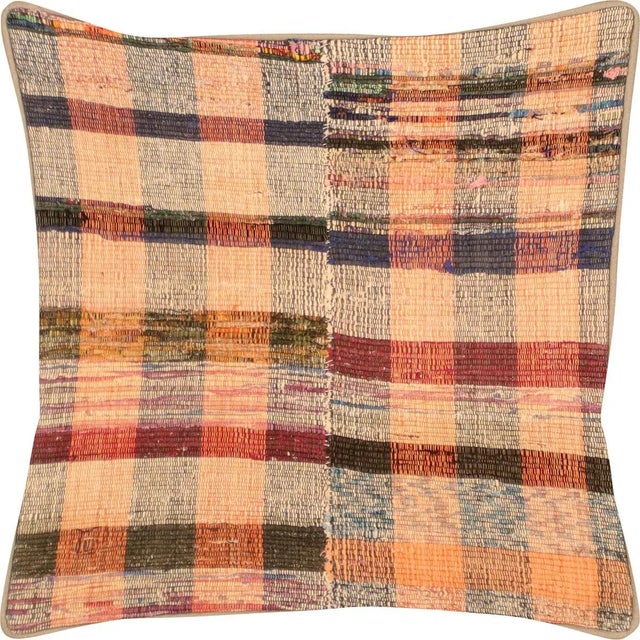 1960s Turkish Rag Pillow. Sewn with fragments of vintage hand made Anatolian cotton & linen kilims. Fiber fill. 523005