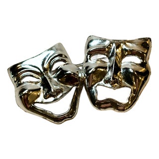Vintage 80’s Silver Tone Comedy Tragedy Theater Mask Brooch Jewelry For Sale