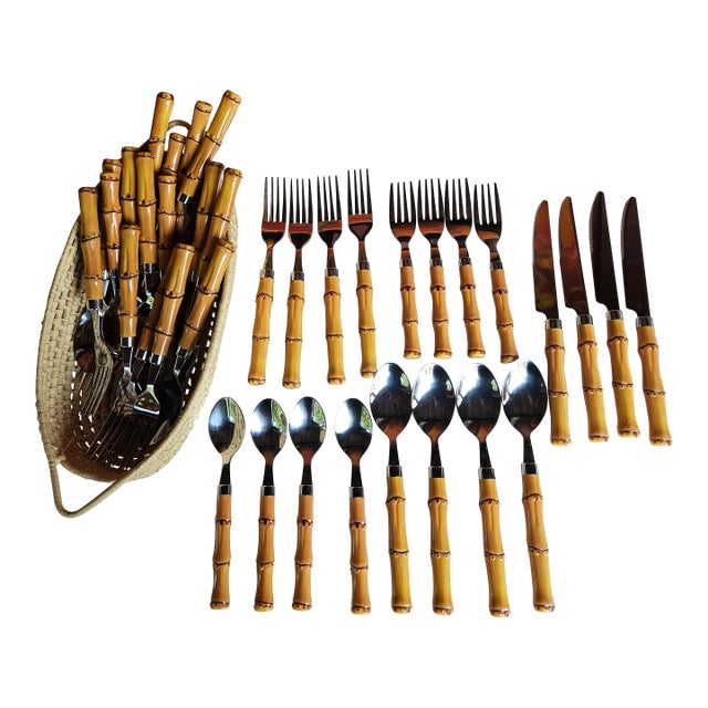 Stylish Faux Bamboo and Stainless Flatware Service for 8 - 40 Pieces For Sale