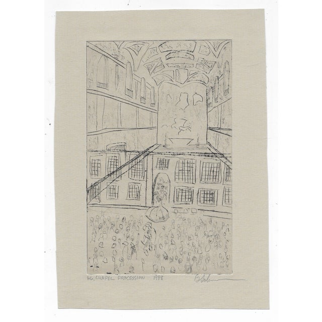 1988 etching of a church interior with pilgrims, titled and illegibly pencil signed.
