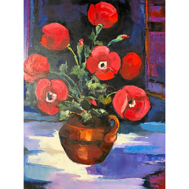 1970s Bruno Perino “Coquelicots” (Amapolas) Still Life Oil on Canvas Painting, Framed For Sale - Image 5 of 11