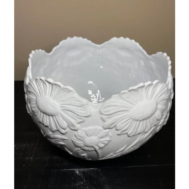 Late 20th Century Late 20th Century White Ceramic Petal Edge Raised Floral Large Bowl Cachepot Made in Portugal For Sale - Image 5 of 12