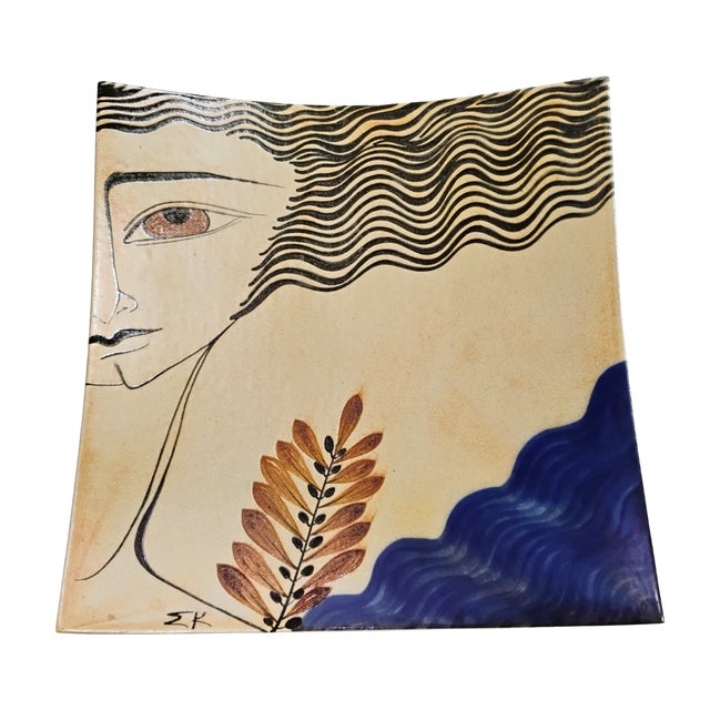 1980s Hand-Painted Greek Ceramic Art Tile Plate - Minoan Style Goddess 11.25" X 11.5" For Sale - Image 9 of 10