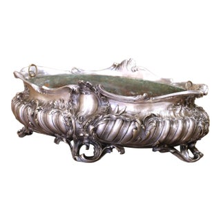 19th Century French Louis XV Bronze Silver Plated Oval Jardinière With Liner For Sale
