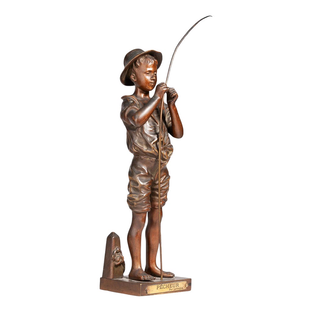 1890s Belle Époque Bronze Sculpture of a Young Fisherman  Brutalist Bronze Copper Fisherman Sculpture main image 0