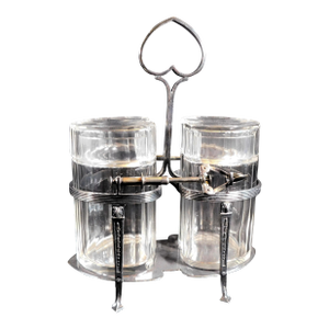 1920s Cut Crystal Heart Shaped Epns Two Jar Condiment Set With Rack and Serveware