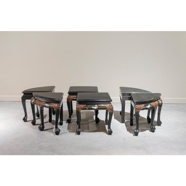 Vintage Chinese Tables in Black Lacquered Wood with Carvings, 1950s, Set of 6 For Sale - Image 3 of 9
