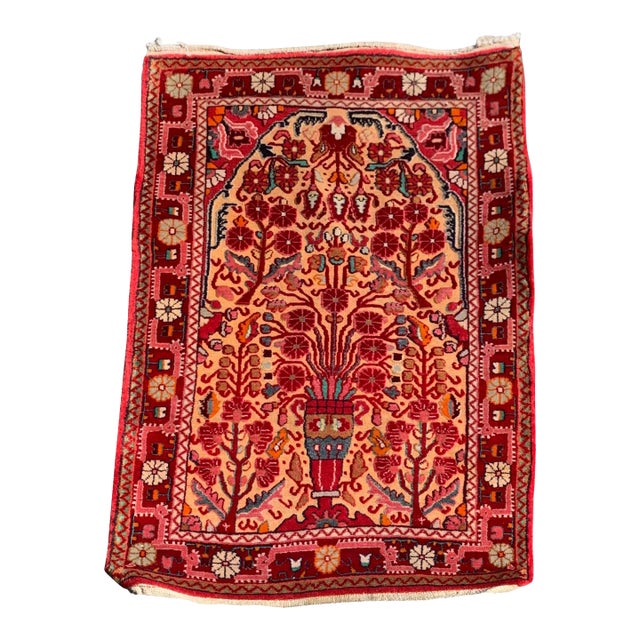 Antique Red Embroidered Sarouk Small Mini Persian Rug c. 1920s For Sale