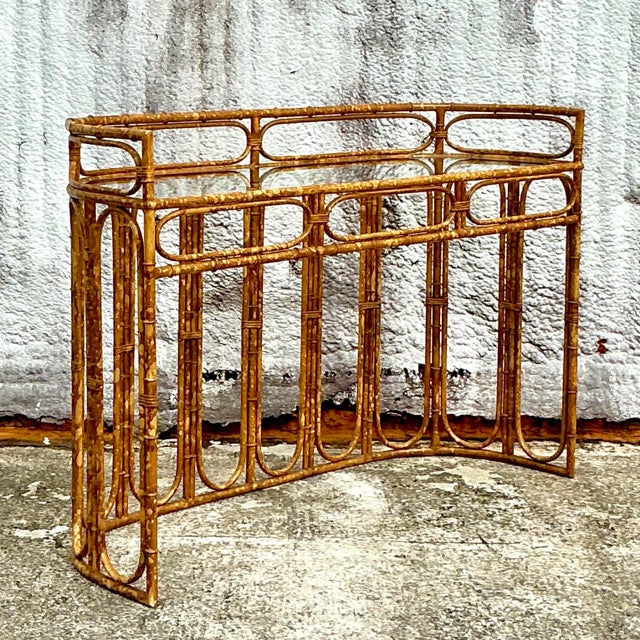 Vintage Boho Tortoise Rattan Console Table | Chairish