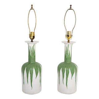 Pair Plaster Hand Painted Green Foliate and White Lamps For Sale