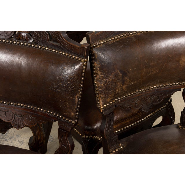 Antique French Louis XV Style Oak Dining Chairs W/ Brown Leather - Set of 8 For Sale - Image 4 of 18