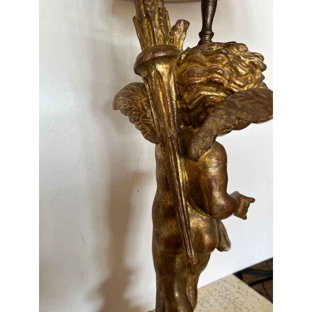 Wood Antique Italian Gilt and Silver Carved Wood Angel Lamp For Sale - Image 7 of 11