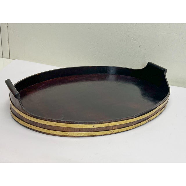 19th Century Oval Dark Walnut Tray with Brass Straps For Sale - Image 10 of 13